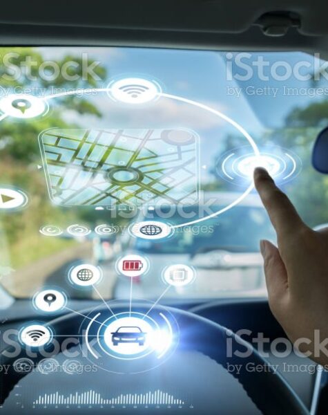 Cockpit of autonomous car. Driverless car. Self-driving vehicle. Head up display.